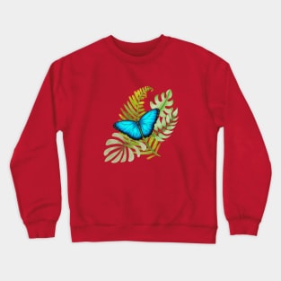 Blue Butterfly on Tropical Leaves Crewneck Sweatshirt